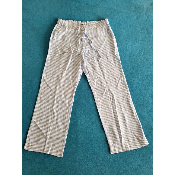 Tommy Bahama Linen Womens Pants Size M White Blue Stripe Drawstring Wide Leg - Picture 1 of 12